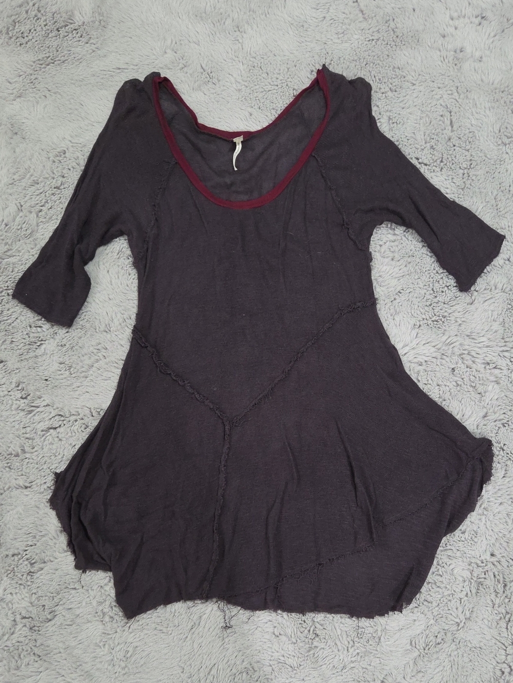 Intimately Free People Sheer Distressed Dark Gray Tunic Top with Burgundy Trim